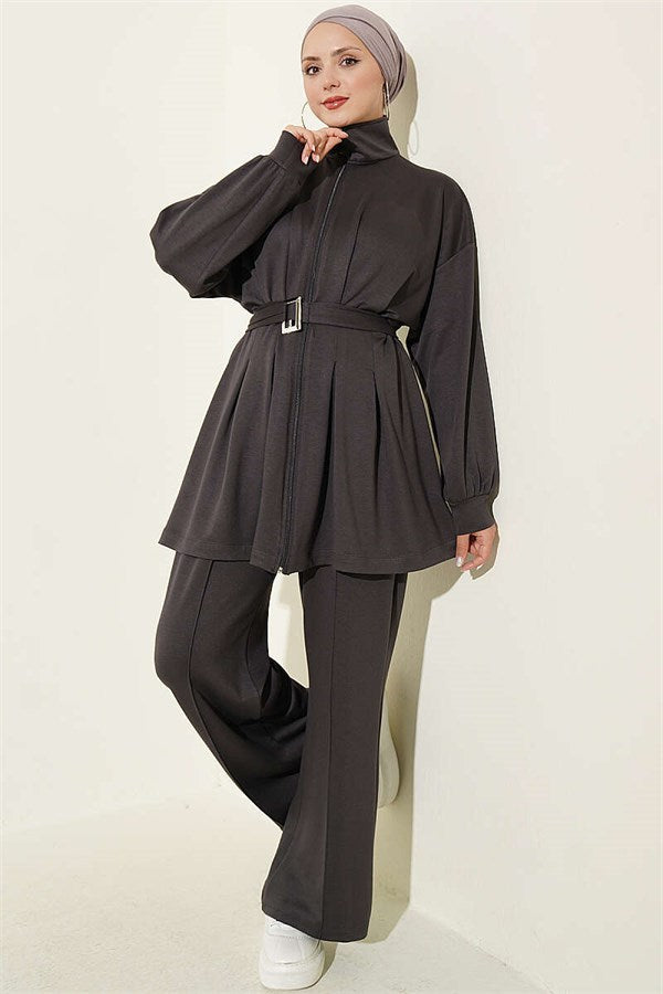 Two-Piece Set with Waist Darts and Zipper, Smoke Grey