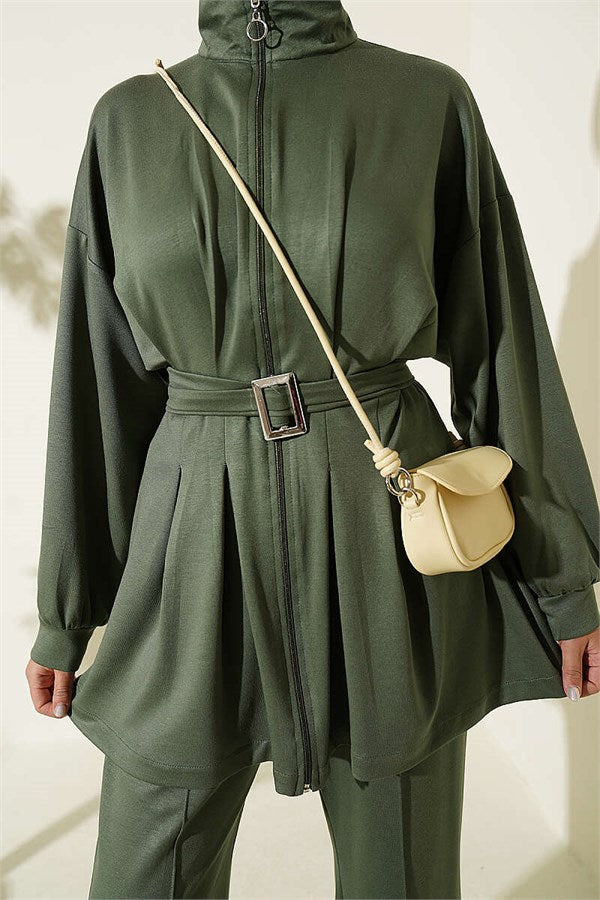 Two-Piece Set with Waist Pens and Zipper, Khaki