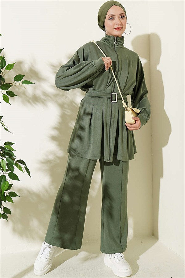 Two-Piece Set with Waist Pens and Zipper, Khaki