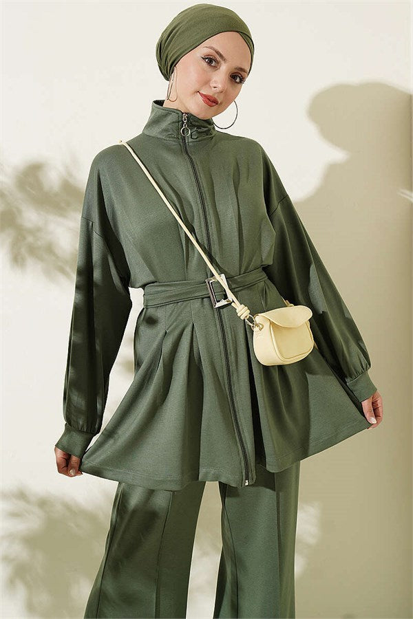 Two-Piece Set with Waist Pens and Zipper, Khaki