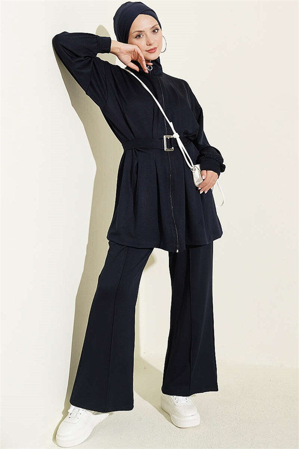 Two-Piece Set with Waist Darts and Zipper, Navy Blue