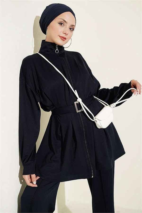 Two-Piece Set with Waist Darts and Zipper, Navy Blue