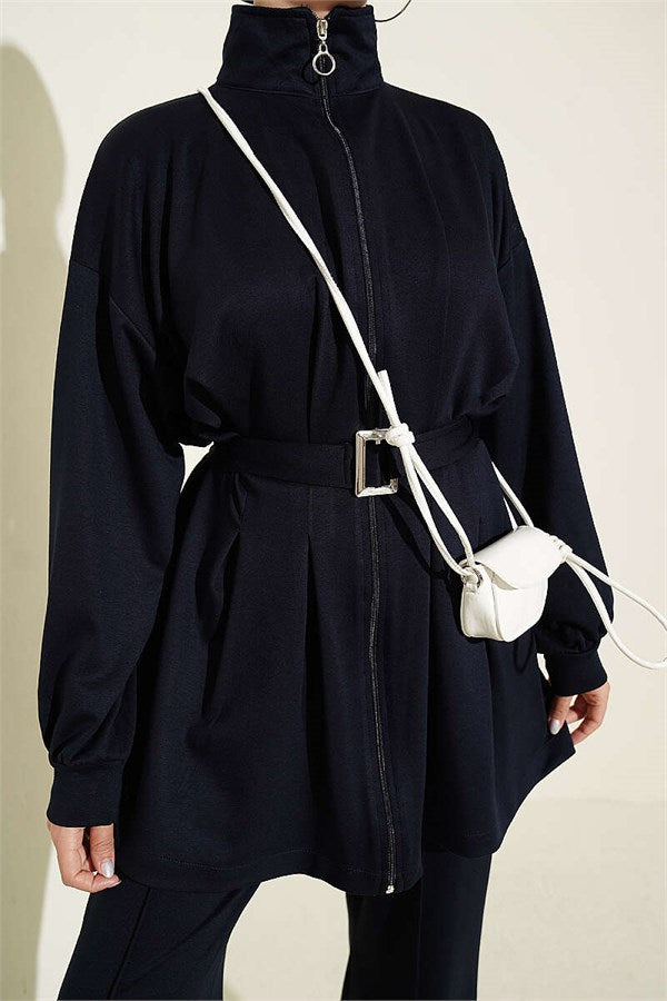 Two-Piece Set with Waist Darts and Zipper, Navy Blue