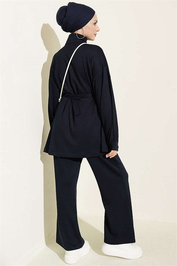 Two-Piece Set with Waist Darts and Zipper, Navy Blue