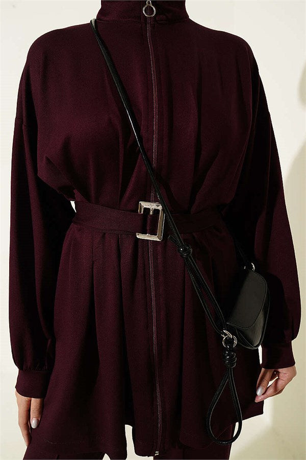 Two-Piece Set with Waist Darts and Zipper, Plum