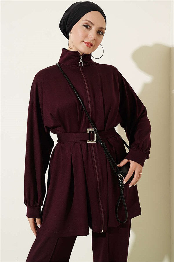 Two-Piece Set with Waist Darts and Zipper, Plum