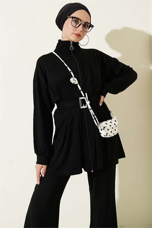 Two-Piece Set with Waist Darts and Zipper, Black