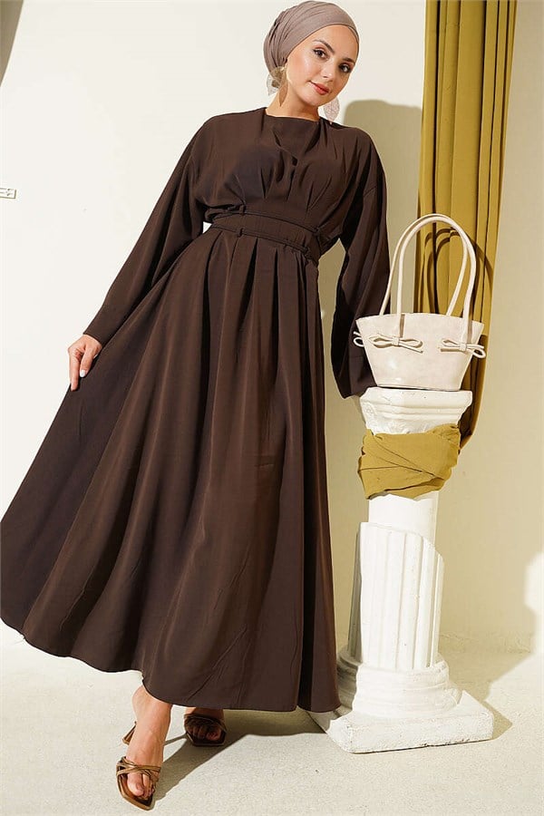 Brown Dress with Waist Darts and Strappy Belt