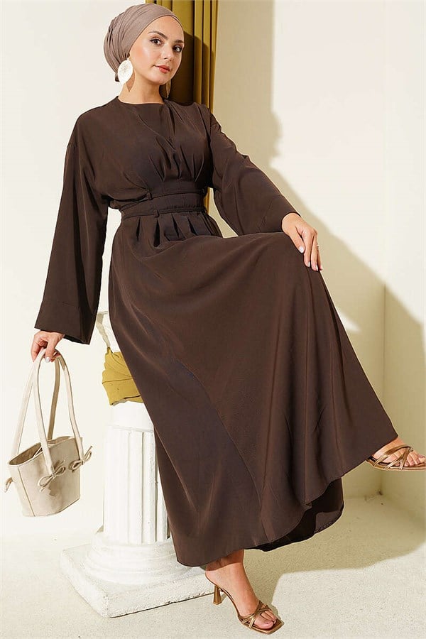 Brown Dress with Waist Darts and Strappy Belt