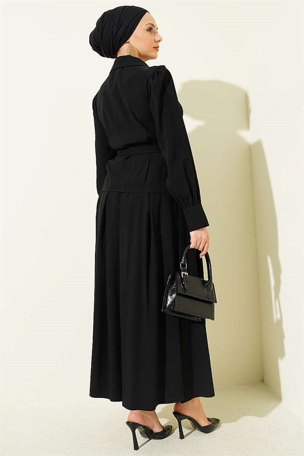 Black Skirt 2 Piece Set with Waist Darts, Belt, and Button Closure