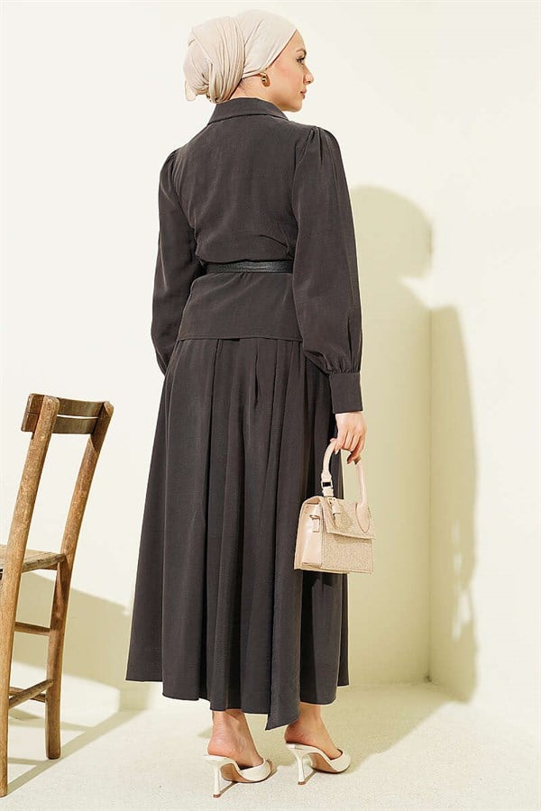 Dark Brown Skirt 2 Piece Set with Waist Darts, Belt, and Buttons