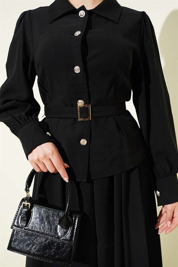 Black Skirt 2 Piece Set with Waist Darts, Belt, and Button Closure