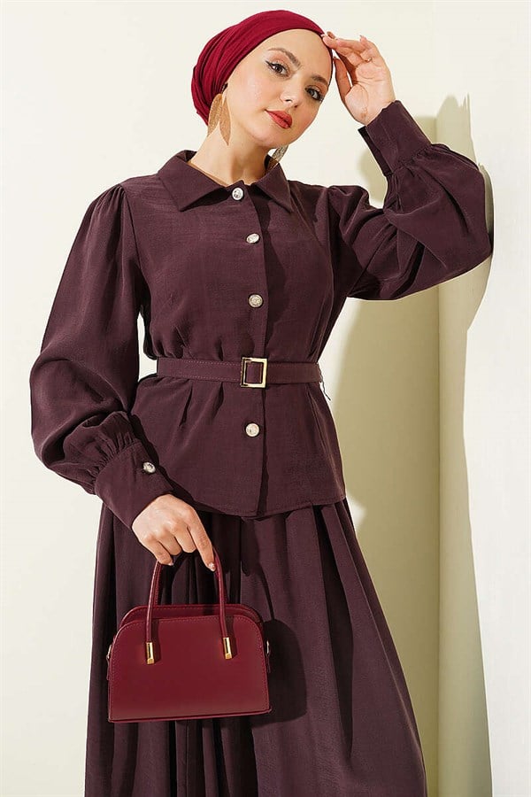 Waist Dart Belted Buttoned Skirt 2 Piece Set in Plum