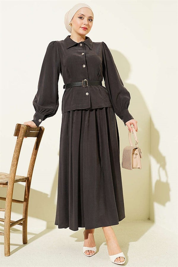 Dark Brown Skirt 2 Piece Set with Waist Darts, Belt, and Buttons