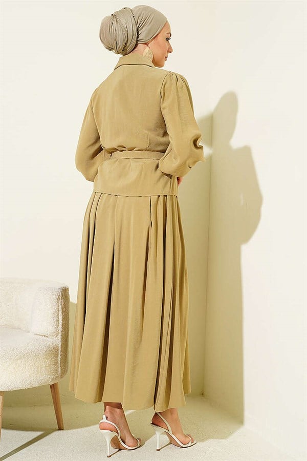 Waist Dart Belted Buttoned Skirt 2 Piece Set in Sage Green