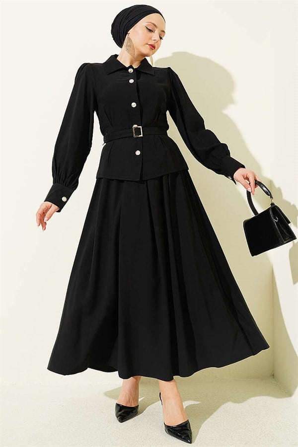 Black Skirt 2 Piece Set with Waist Darts, Belt, and Button Closure