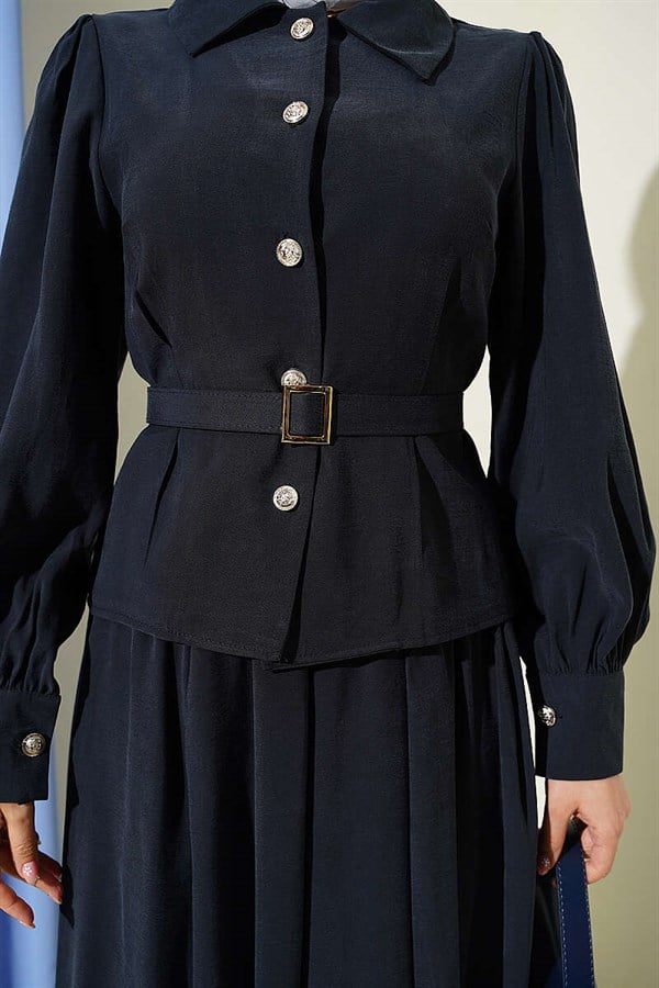 Navy Blue Skirt 2 Piece Set with Waist Darts, Belt, and Button Closure