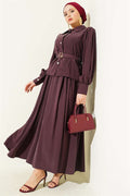 Waist Dart Belted Buttoned Skirt 2 Piece Set in Plum