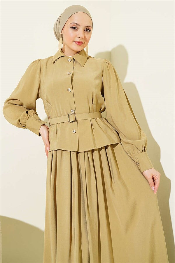 Waist Dart Belted Buttoned Skirt 2 Piece Set in Sage Green