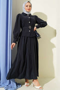 Navy Blue Skirt 2 Piece Set with Waist Darts, Belt, and Button Closure