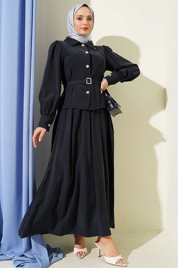 Navy Blue Skirt 2 Piece Set with Waist Darts, Belt, and Button Closure