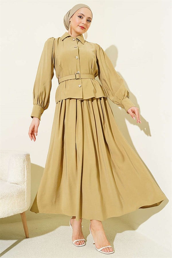 Waist Dart Belted Buttoned Skirt 2 Piece Set in Sage Green