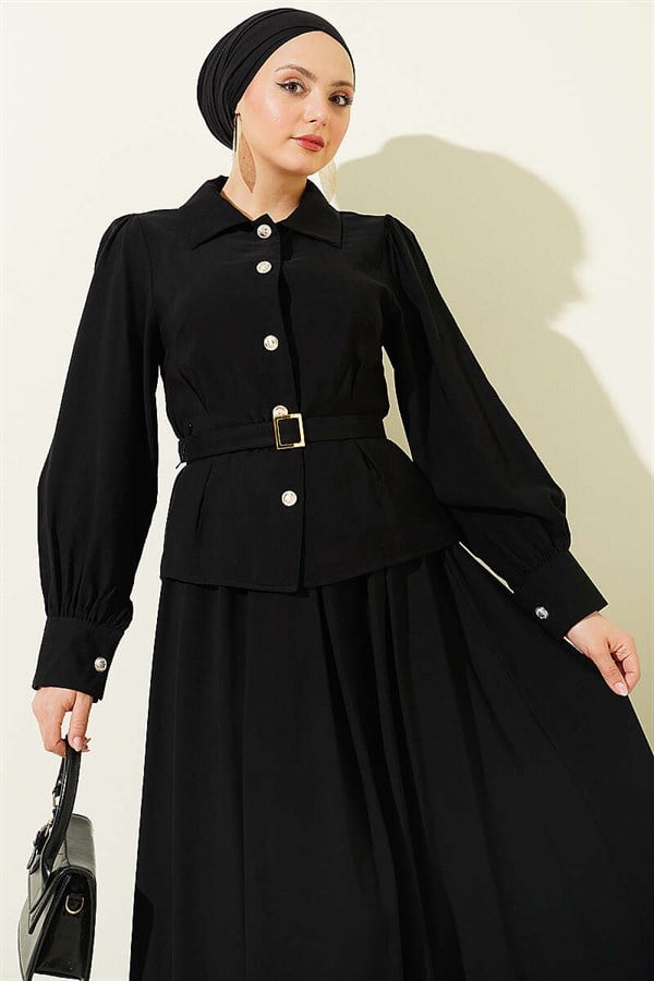 Black Skirt 2 Piece Set with Waist Darts, Belt, and Button Closure