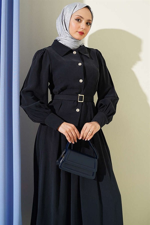 Navy Blue Skirt 2 Piece Set with Waist Darts, Belt, and Button Closure