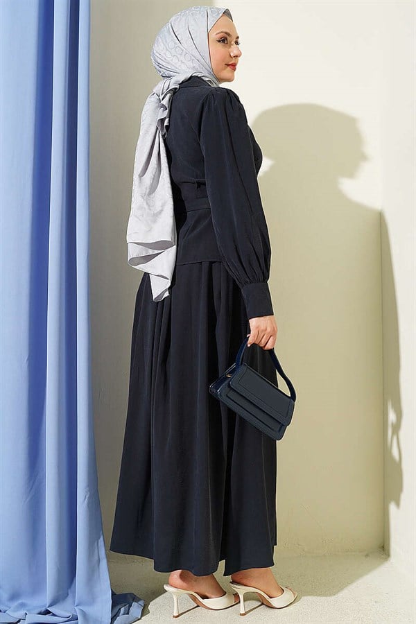 Navy Blue Skirt 2 Piece Set with Waist Darts, Belt, and Button Closure