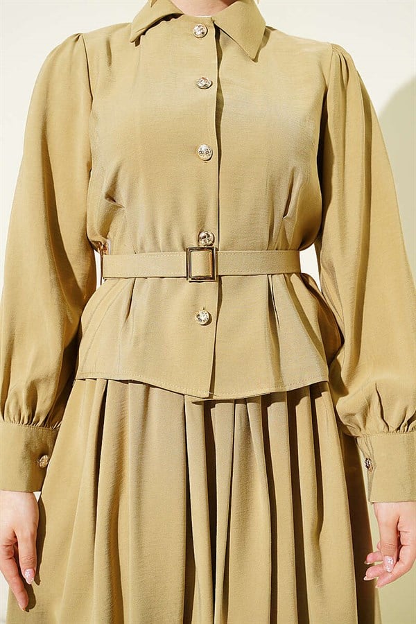 Waist Dart Belted Buttoned Skirt 2 Piece Set in Sage Green