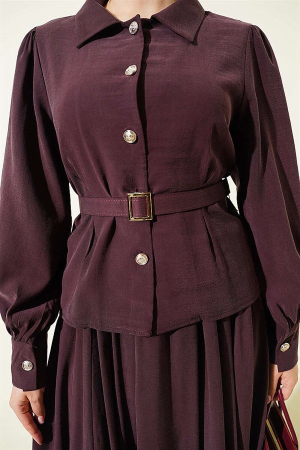 Waist Dart Belted Buttoned Skirt 2 Piece Set in Plum