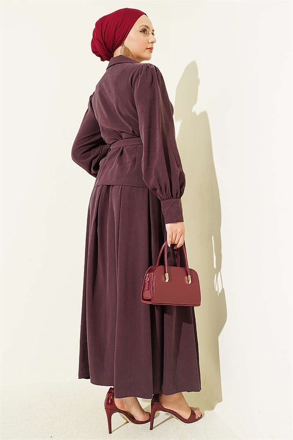 Waist Dart Belted Buttoned Skirt 2 Piece Set in Plum