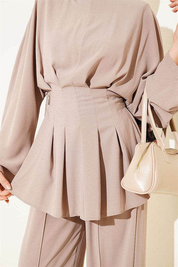 Waist-pleated Belted 2 Piece Set, Beige