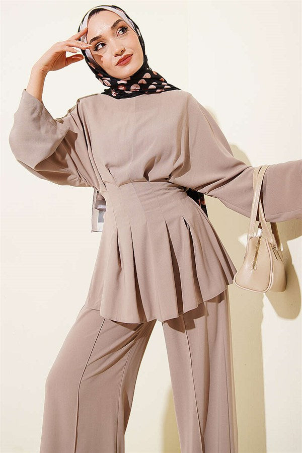 Waist-pleated Belted 2 Piece Set, Beige