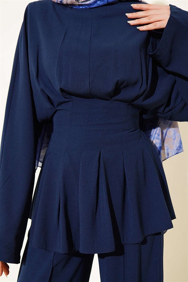 Navy Blue Suit with Self-Belted Waist Darts