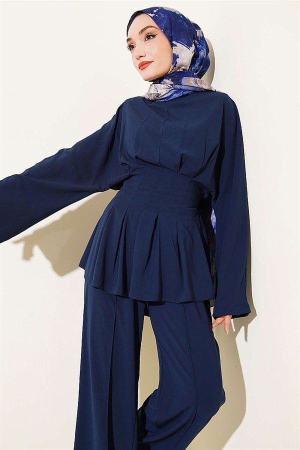 Navy Blue Suit with Self-Belted Waist Darts