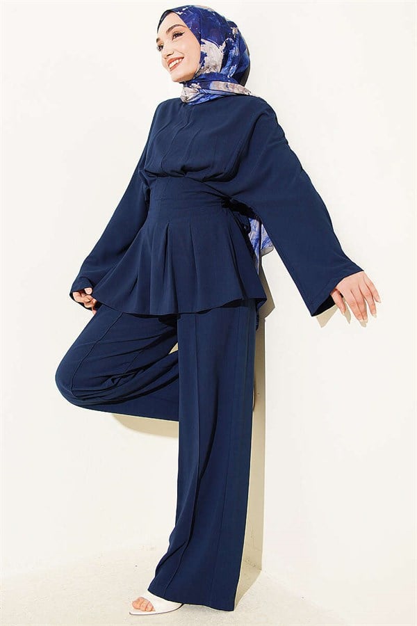 Navy Blue Suit with Self-Belted Waist Darts