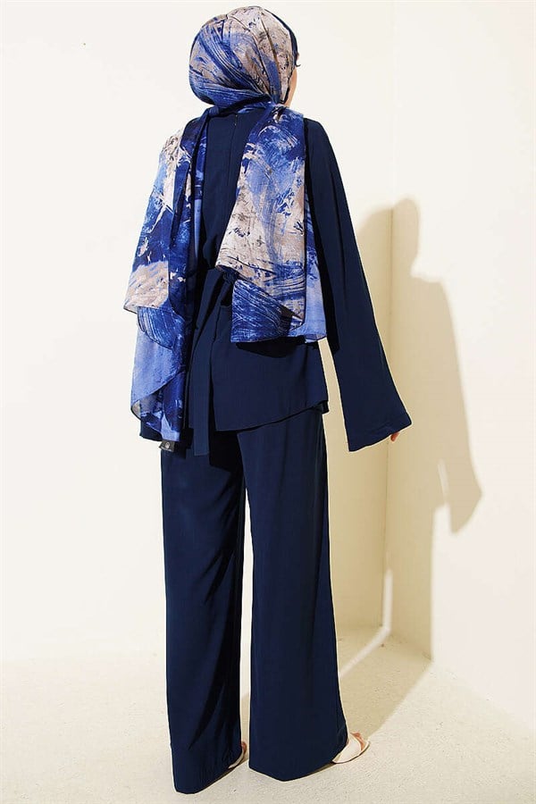 Navy Blue Suit with Self-Belted Waist Darts