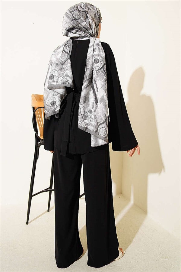 Black 2 Piece Set with Self-Belted Waist Darts