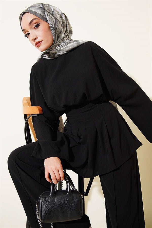 Black 2 Piece Set with Self-Belted Waist Darts
