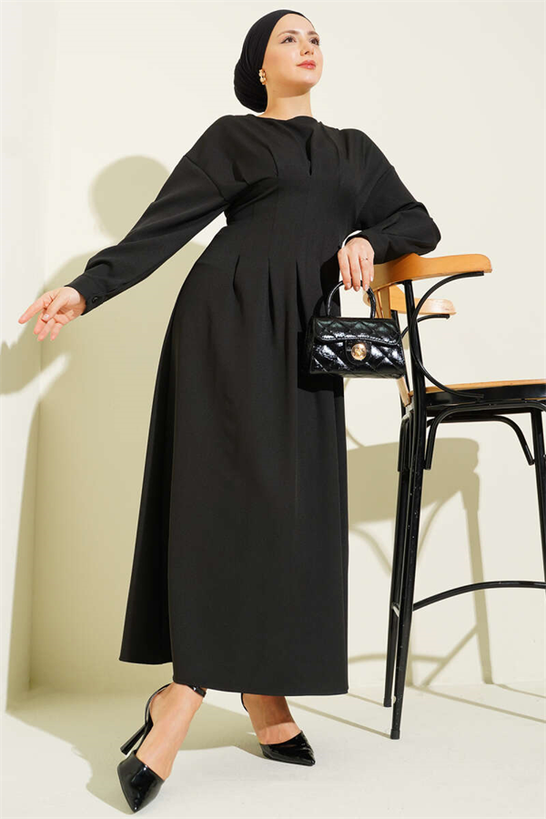 Black Double Dress with Waist Darts and Belt