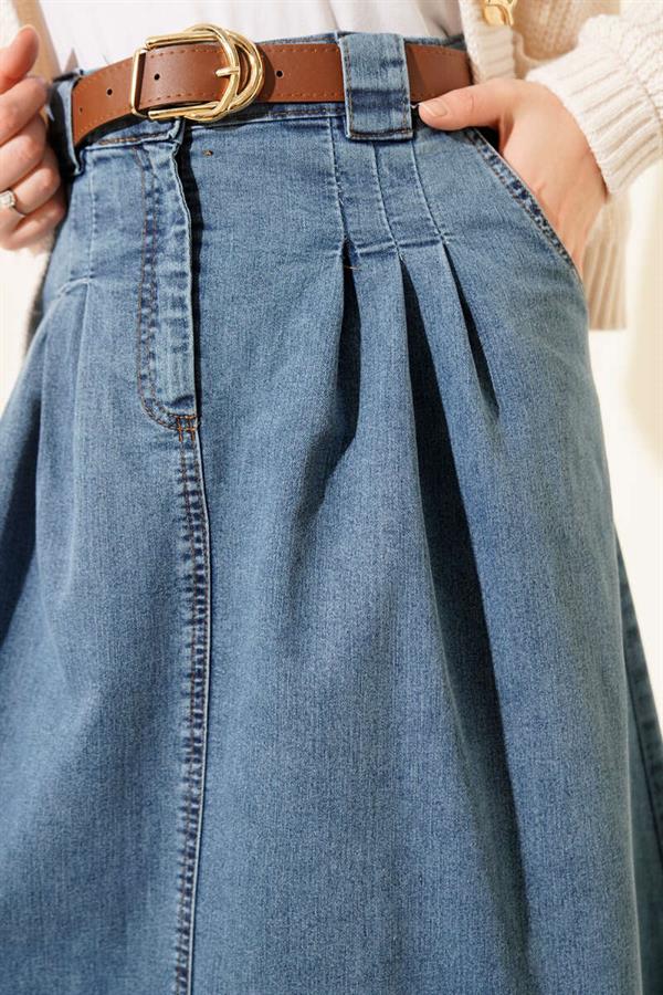 Waist Pleat Detail Belted Denim Skirt Blue