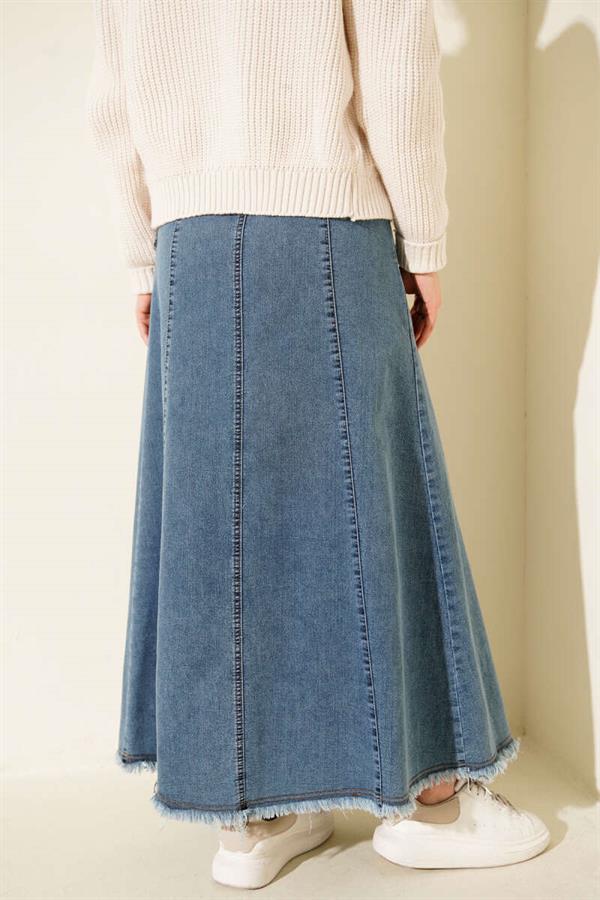 Waist Pleat Detail Belted Denim Skirt Blue