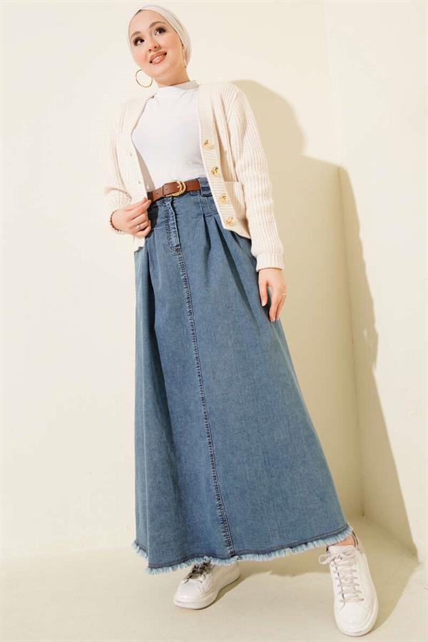 Waist Pleat Detail Belted Denim Skirt Blue