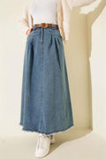 Waist Pleat Detail Belted Denim Skirt Blue