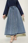 Light Blue Denim Skirt with Pleated Waist and Pockets