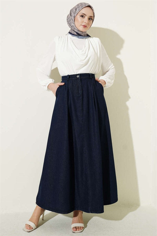 Navy Blue Denim Skirt with Pleated Waist and Pockets