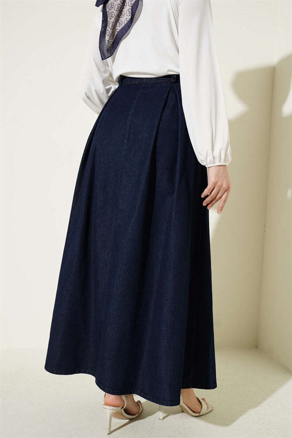 Navy Blue Denim Skirt with Pleated Waist and Pockets