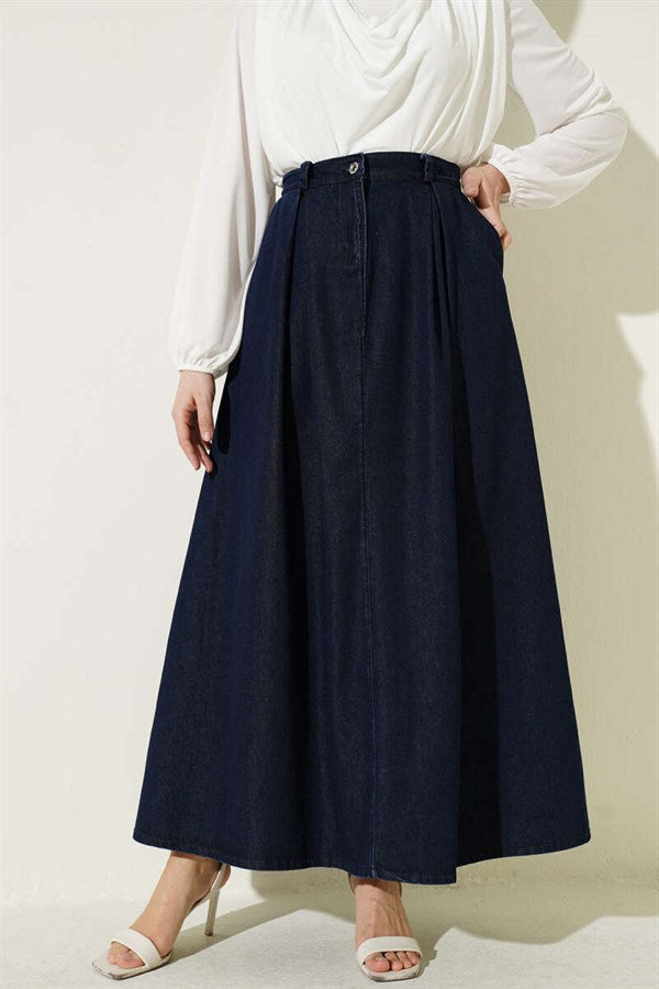 Navy Blue Denim Skirt with Pleated Waist and Pockets