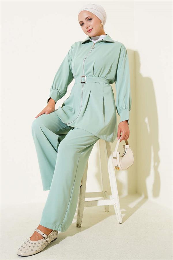 Pleated Waist Belted Zippered 2 Piece Set Mint